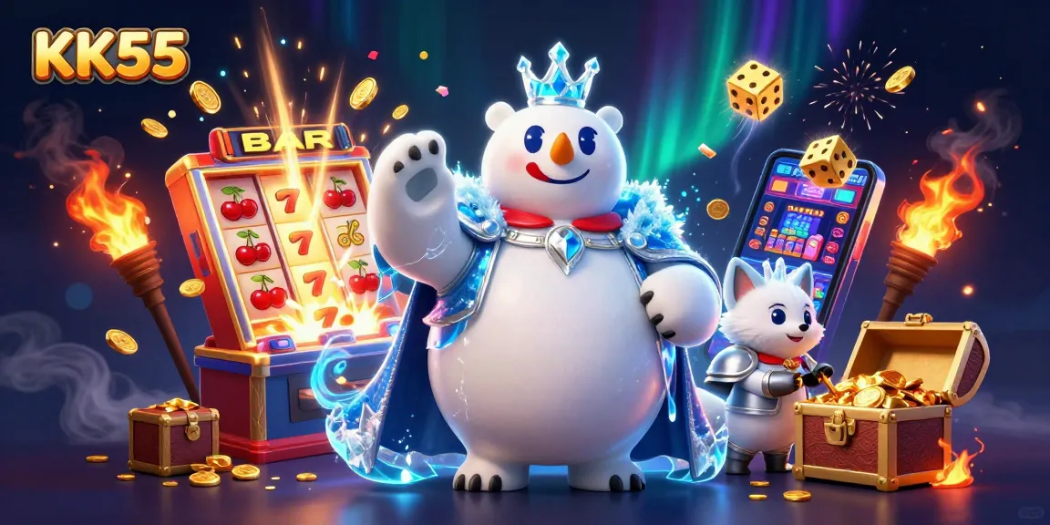 Play exciting casino games at KK55 with a vibrant 3D jackpot scene featuring thrilling slots.