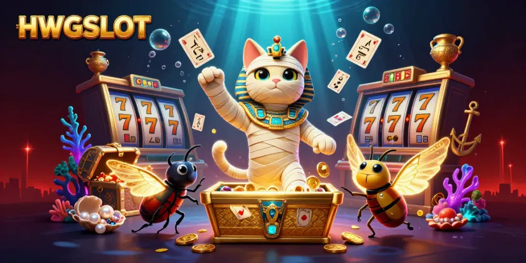 Experience thrilling gaming with HWGSLOT in this vibrant casino scene filled with jackpot excitement.