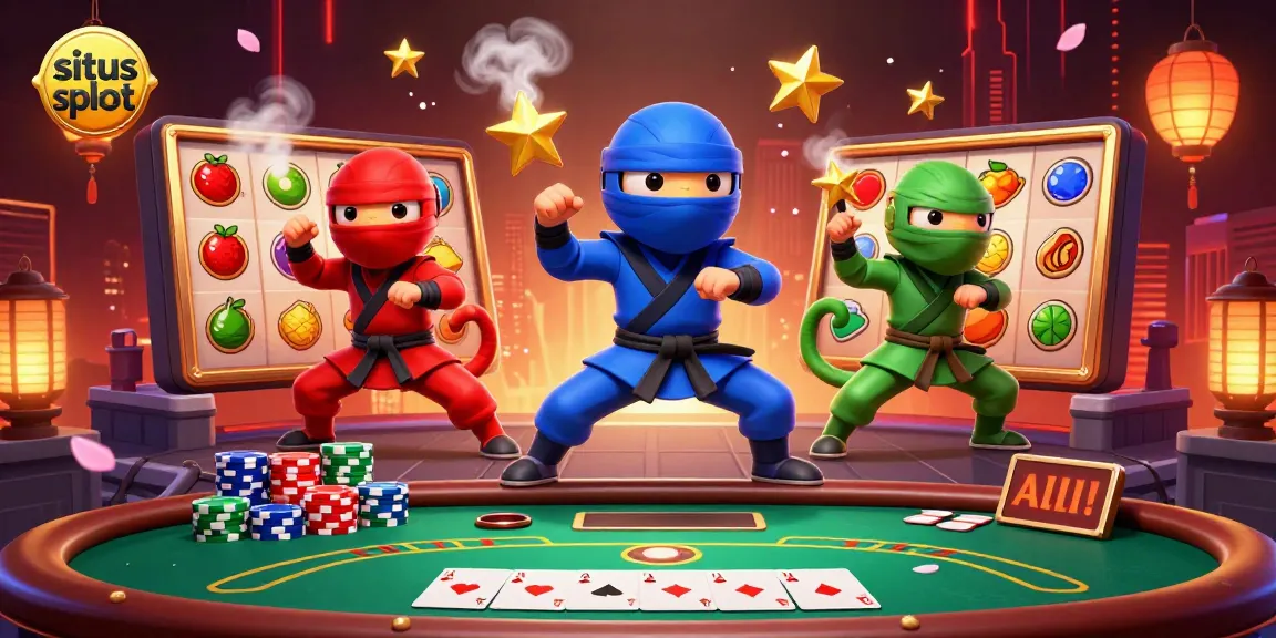 Slot gacor yang menarik dengan ninja chameleon beraksi, menghiasi situs slot dengan simbol dan chip poker.