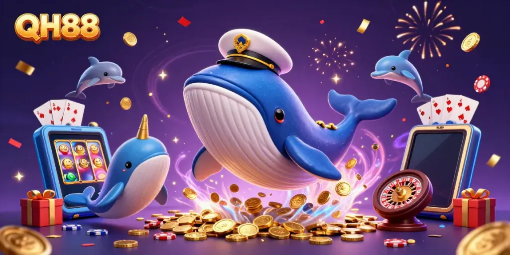 QH88 showcases a vibrant illustration with a whale and magical elements thriving in a casino-themed adventure.