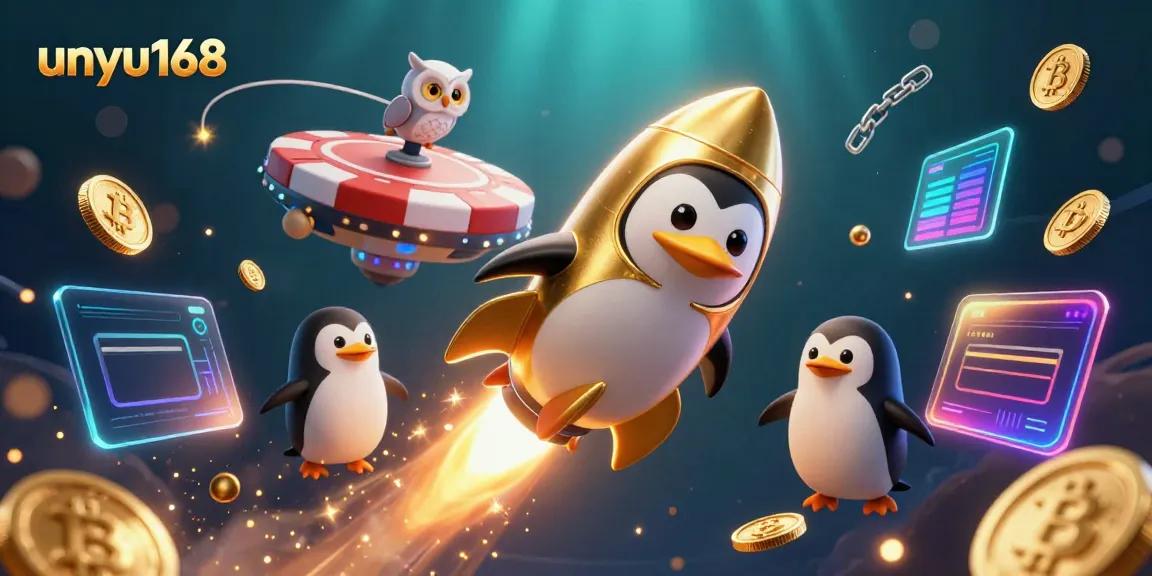 Pemain unyu168 merasakan keseruan kasino online dengan karakter penguin memimpin aksi mengumpulkan koin emas.