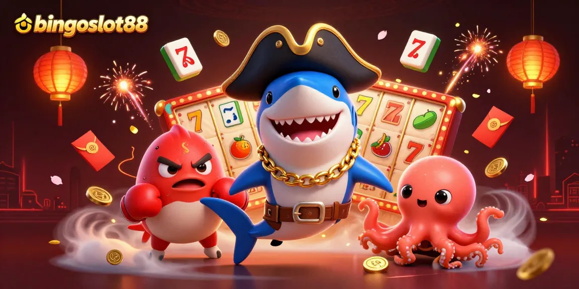 Rasakan keseruan bingoslot88 dengan karakter lucu seperti ikan hiu bajak laut dan remis yang berjuang untuk koin emas dalam ilustrasi 3D