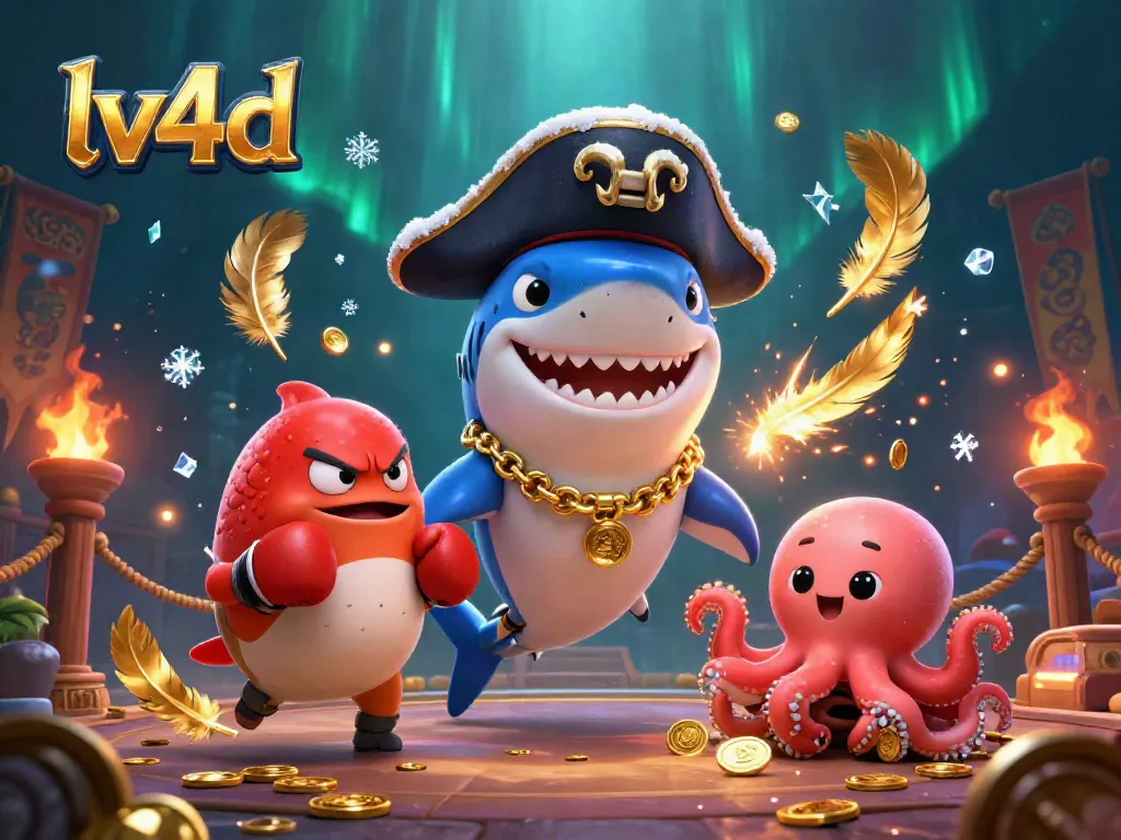 lv4d casino scene showcasing a shark, pufferfish, and octopus amidst vibrant gaming elements