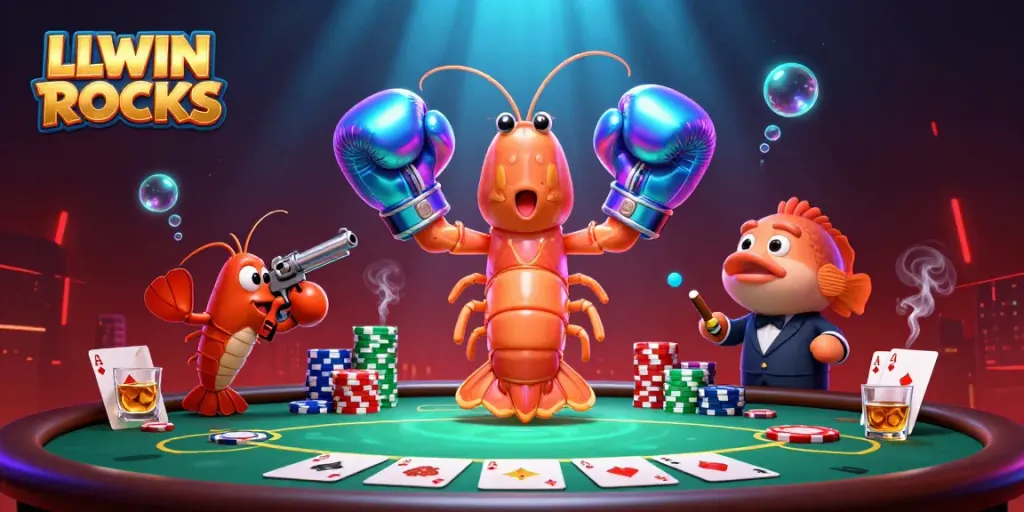 Experience LLWIN ROCKS with a vibrant poker scene featuring animated shrimp characters and dynamic casino elements.