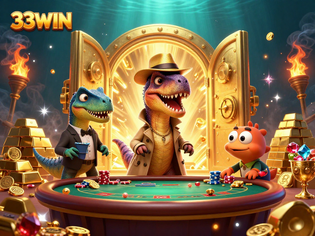 Engage in thrilling gameplay at 33WIN with a 3D cartoon velociraptor at the blackjack table.