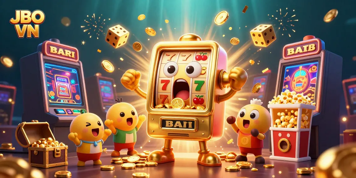 Celebrate wins with JBO VN's vibrant casino-themed illustration showcasing golden slot machines in action.