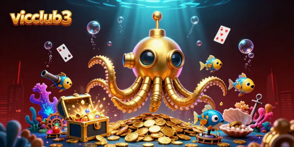 Engage with the immersive world of vicclub3, showcasing vibrant 3D underwater casino elements.