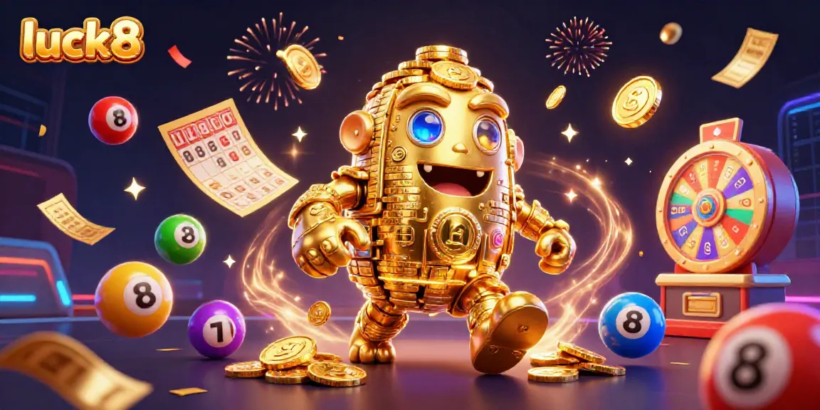 Experience thrilling gameplay at luck8 with a golden golem, rolling lottery balls, and vibrant game elements.