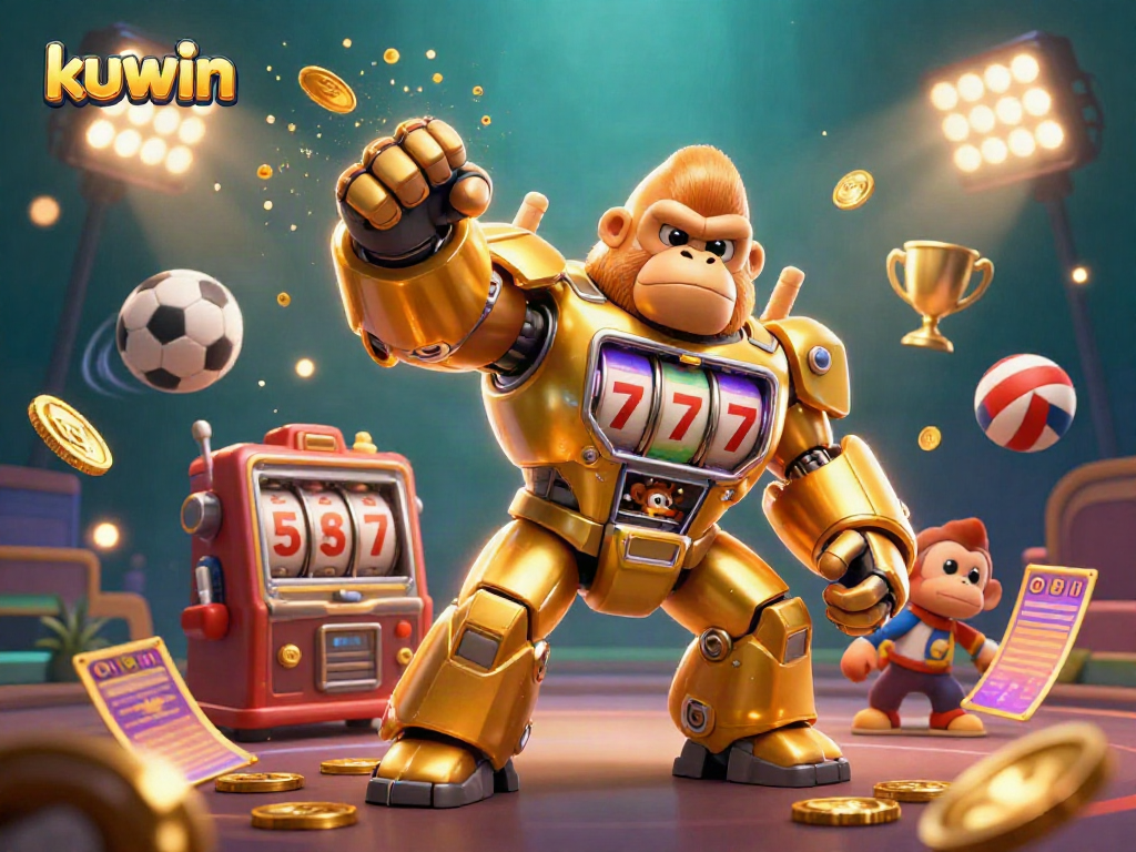 Kuwin features an electrifying scene with golden gorilla mech and dynamic sports balls, showcasing online gambling excitement.