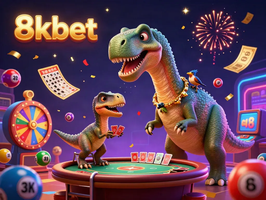 Experience the excitement of 8kbet with a vibrant 3D casino illustration featuring a towering brontosaurus and clever raptor.