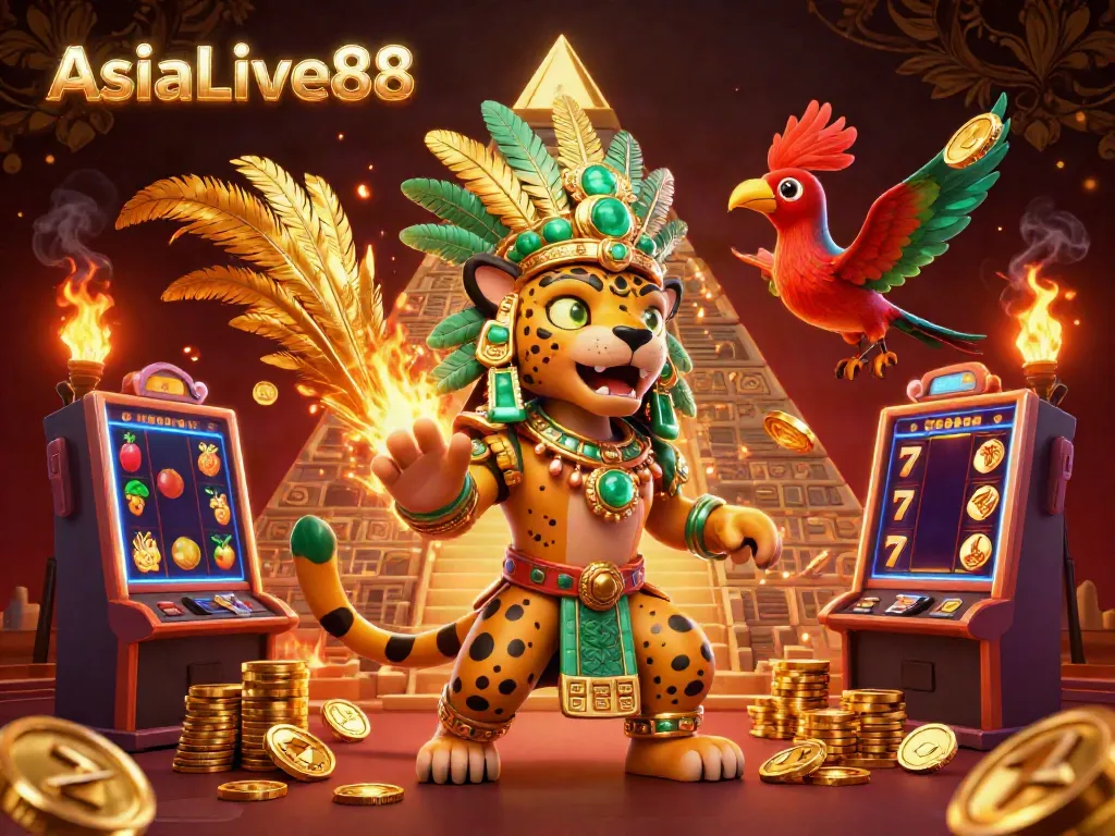Experience the excitement of AsiaLive88 with a vibrant 3D illustration of casino-themed characters and slot machines.