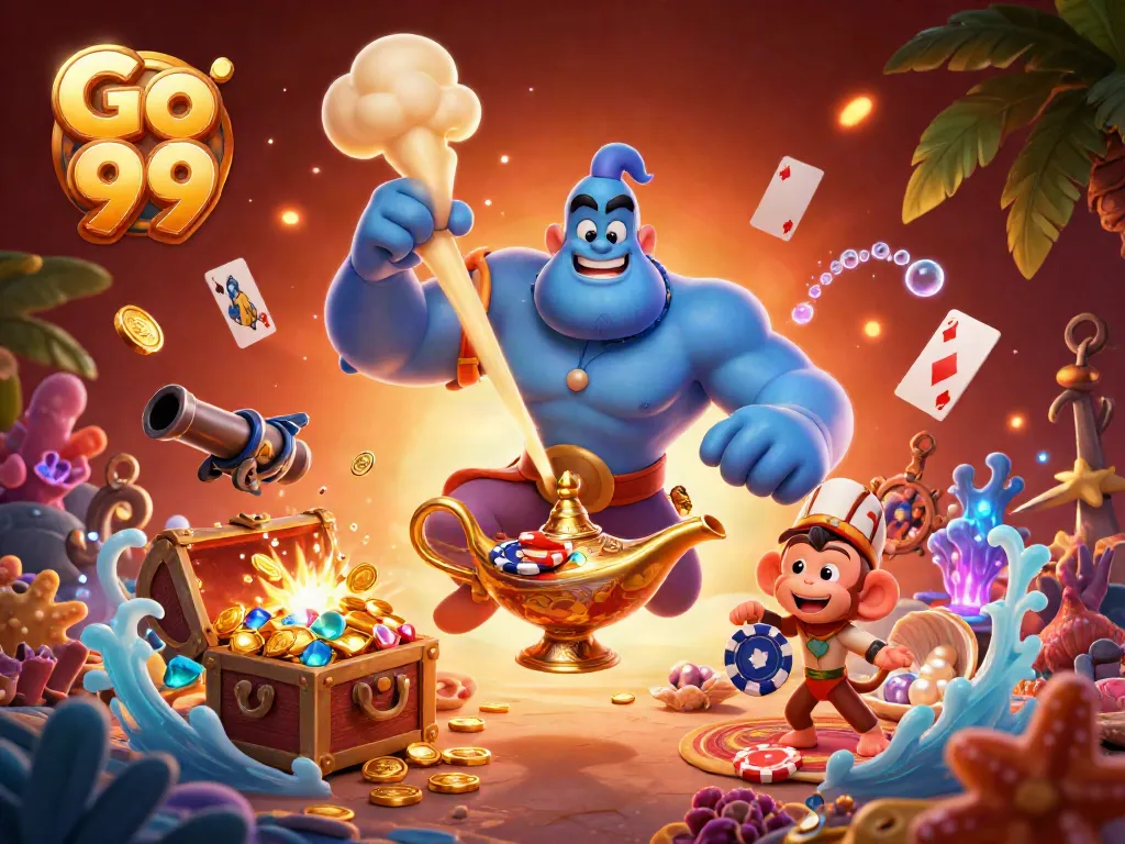 Experience the excitement of Go 99 with a colorful 3D illustration of a genie, monkey, and casino-themed elements.