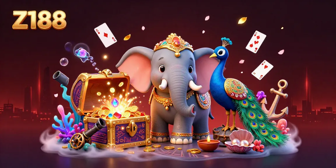 Z188 showcases a vibrant 3D casino scene featuring an elephant and peacock amidst treasure-filled underwater elements.