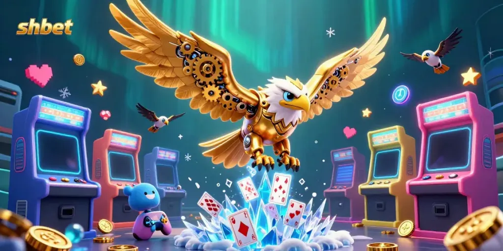 Engage with the shbet casino atmosphere as a cybernetic golden eagle dives amidst vibrant gaming elements.