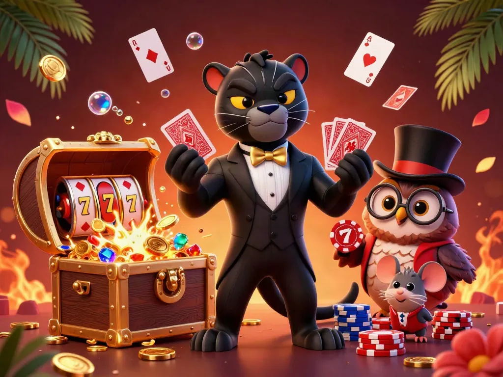 Nhatvip delivers vibrant fun with a panther dealing cards, while an owl holds poker chips and a mouse peeks from a chip stack.
