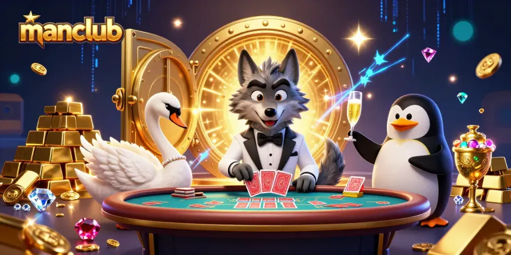 Engage in thrilling gambling at manclub with debonair wolf, elegant swan, and sommelier while surrounded by treasure