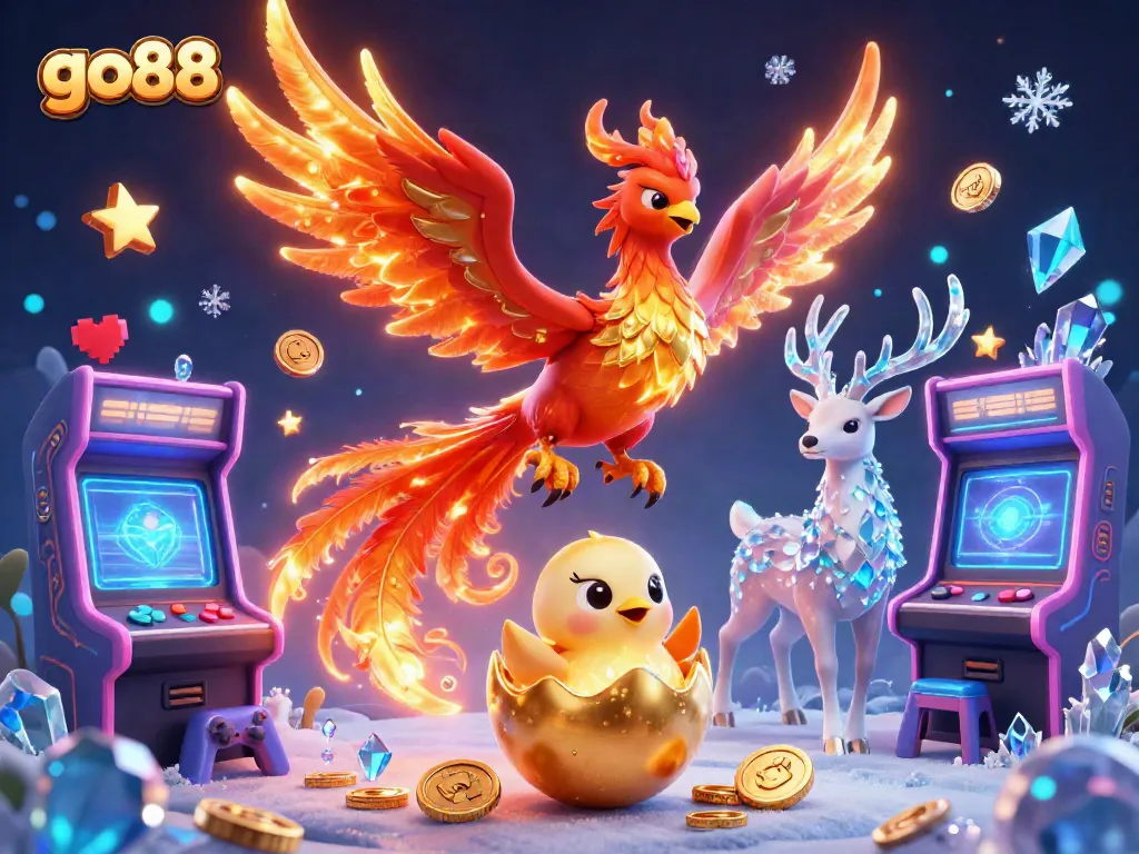 Experience the dazzling world of go88 with vibrant game elements, featuring a fiery phoenix and a baby hatching phoenix in a dynamic 3D casino illustration.