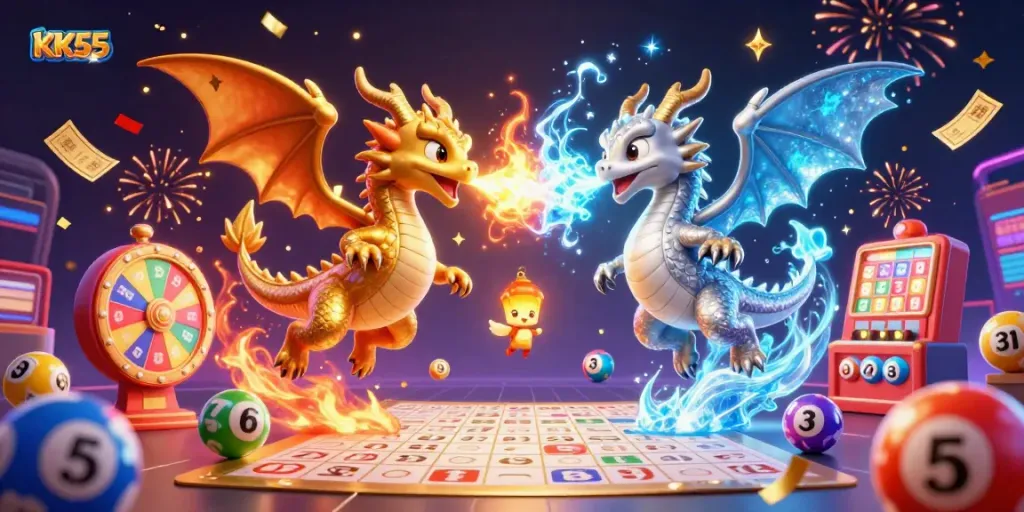 Engage in thrilling gameplay with KK55 as golden and silver dragons showcase dynamic energy, surrounded by colorful lottery elements.