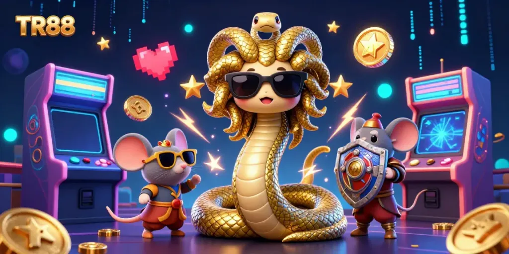 Experience the excitement of TR88 with a vibrant 3D gaming scene featuring dynamic characters and casino elements.