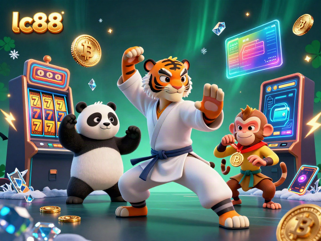 Experience the excitement of lc88 casino with a kung fu tiger, panda, and monkey in a vibrant 3D scene.