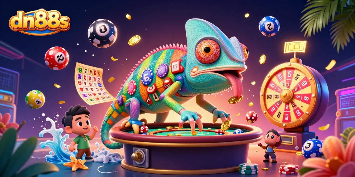 Join the excitement at dn88s with a colorful casino scene featuring a chameleon mascot.