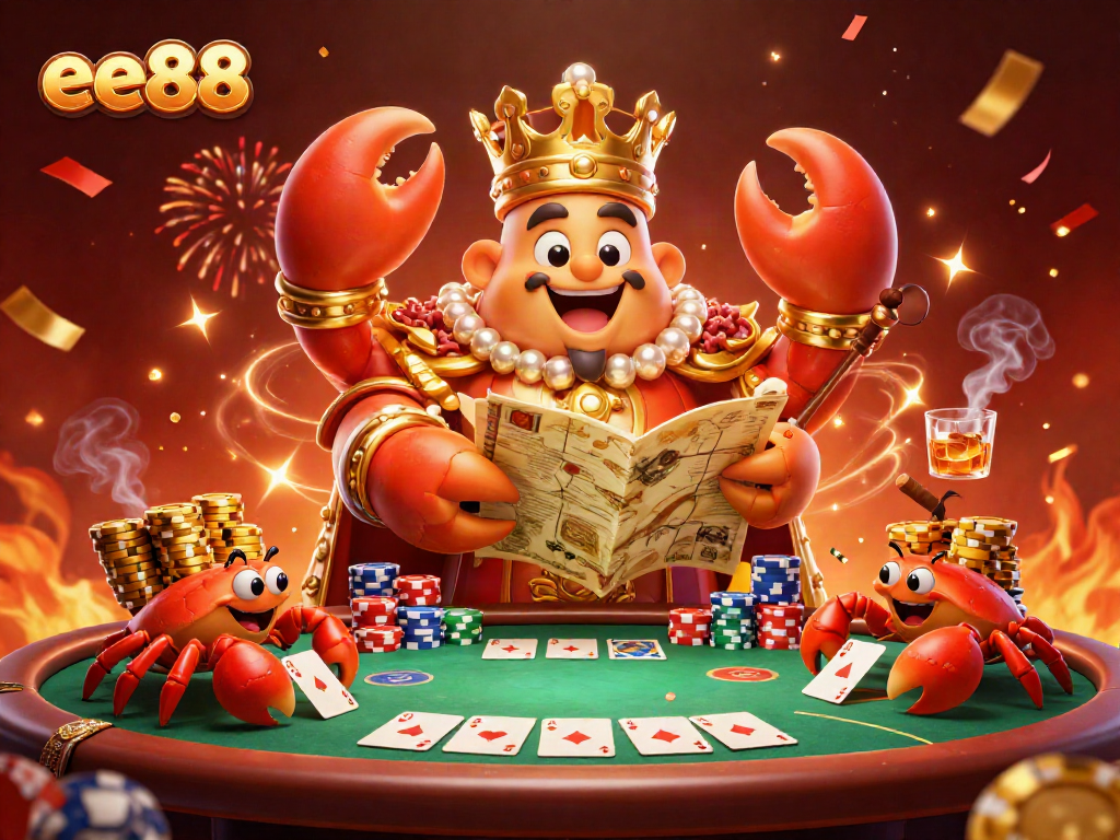 Experience the thrill of ee88 poker with a golden crab emperor and colorful poker elements illustrated in stunning detail.