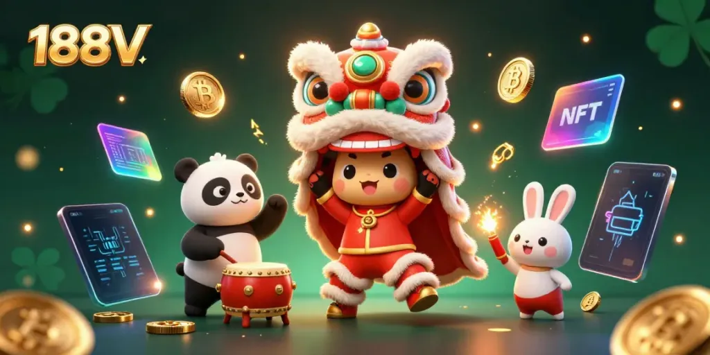 Engage with 188V's vibrant casino scene featuring lion dance and crypto elements.