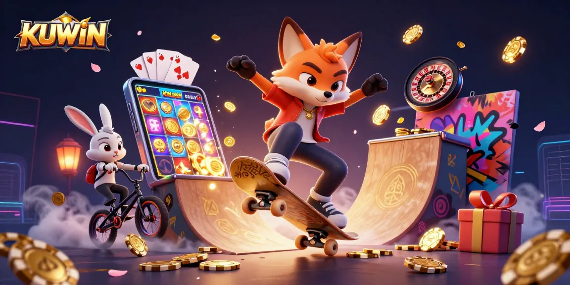 KUWIN presents a vibrant 3D scene featuring a skateboarder fox and BMX rabbit amidst dynamic casino elements, showcasing exciting gaming.