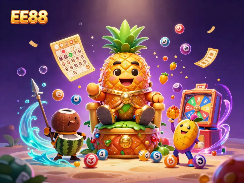 Experience the vibrant world of EE88 with a golden pineapple king ruling a beach casino amidst thrilling games.