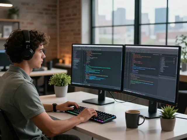 Software developer coding at istana404 workspace with modern tech setup