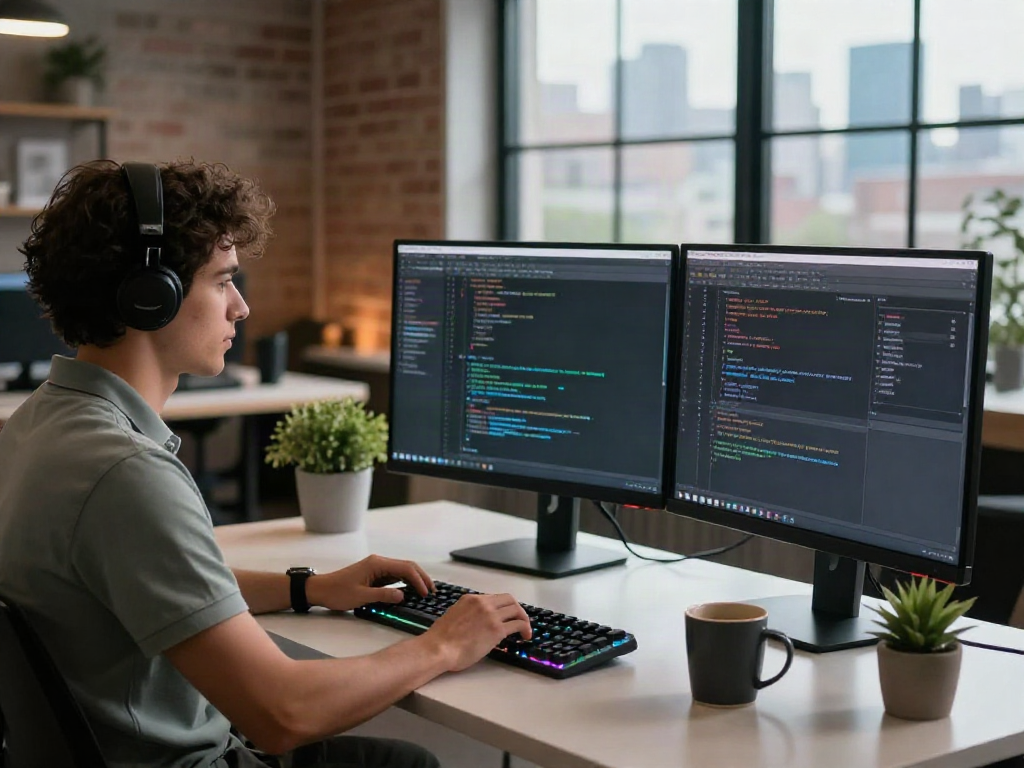 Software developer coding at istana404 workspace with modern tech setup