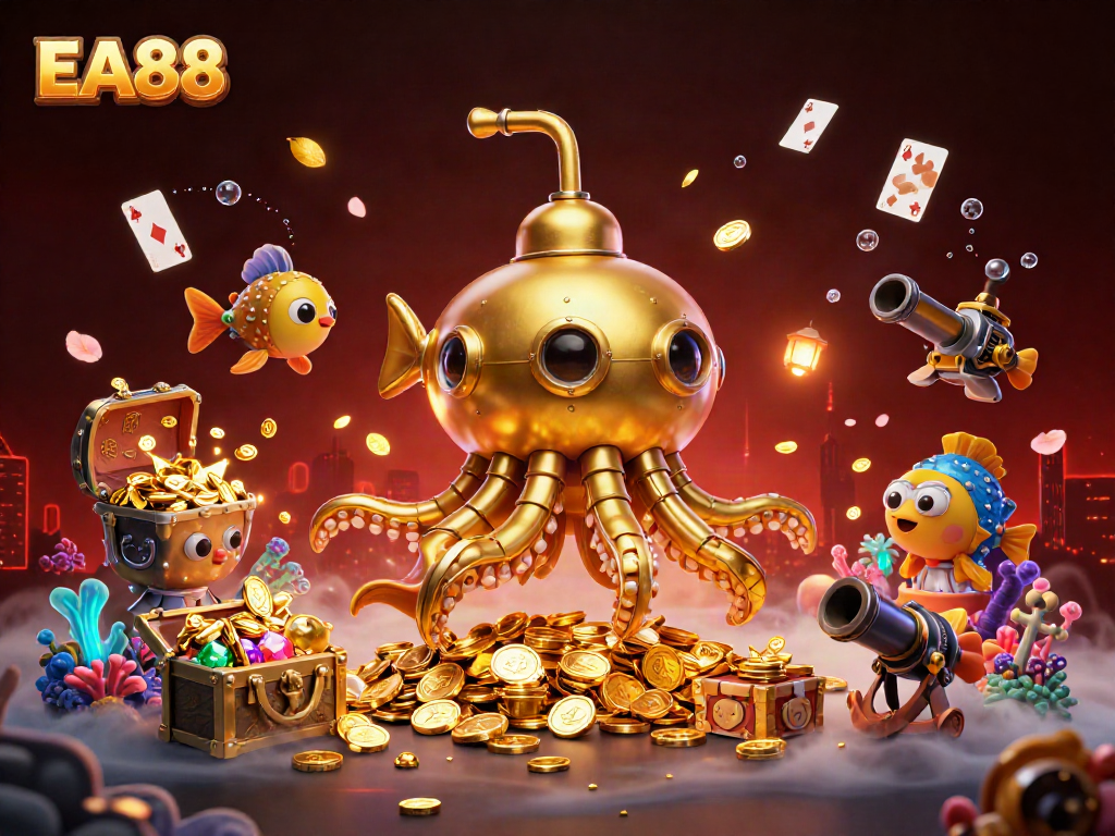 Engage with EA88's thrilling casino adventures as a golden kraken submarine explores a treasure-filled underwater world.