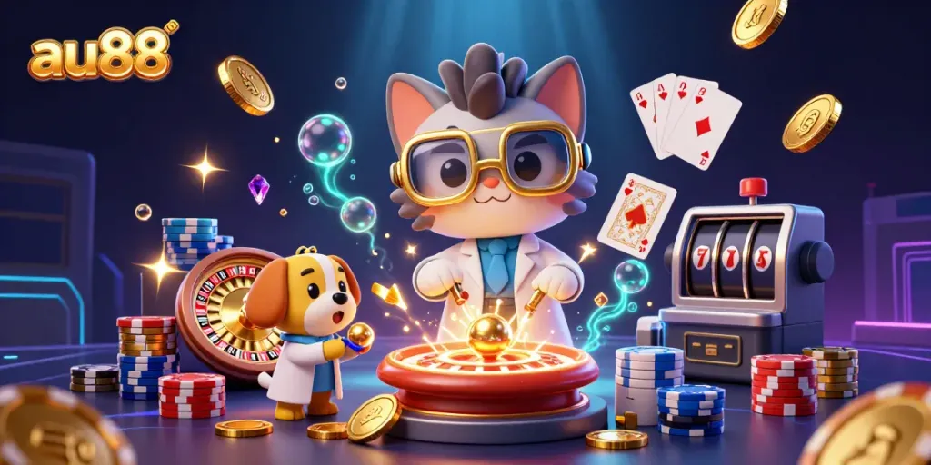 Experience thrilling action in au88 with cartoon characters and cascading casino elements in a vibrant scene.