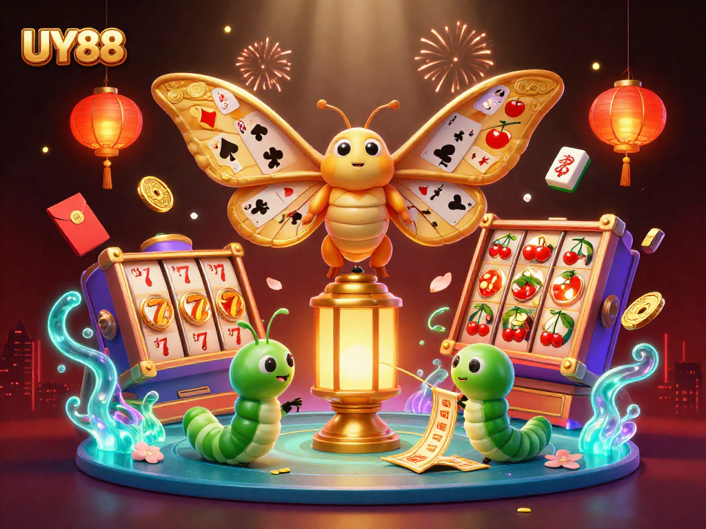 Experience winning at UY88 with a vibrant casino atmosphere featuring golden moths and slot elements.