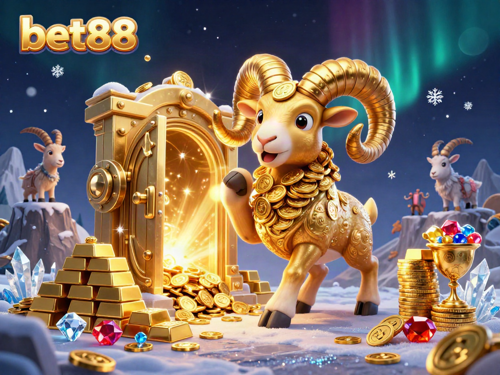 Experience the thrill of bet88 with a dynamic scene of a golden ram charging at a casino gate.