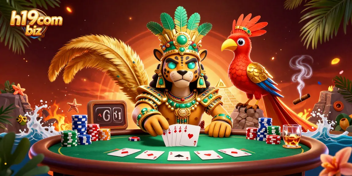 Experience the thrill of h19com biz with a dazzling poker scene featuring unique Mayan elements and vibrant colors.