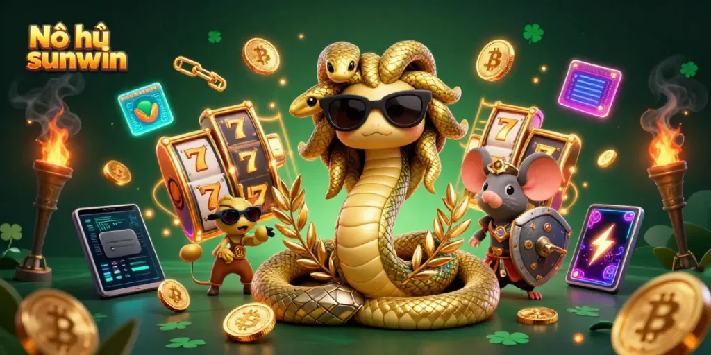 Nổ hũ sunwin scene with Medusa and a warrior mouse amid jackpot slot reels, Bitcoin and Ethereum coins, showcasing dynamic gaming excitement.