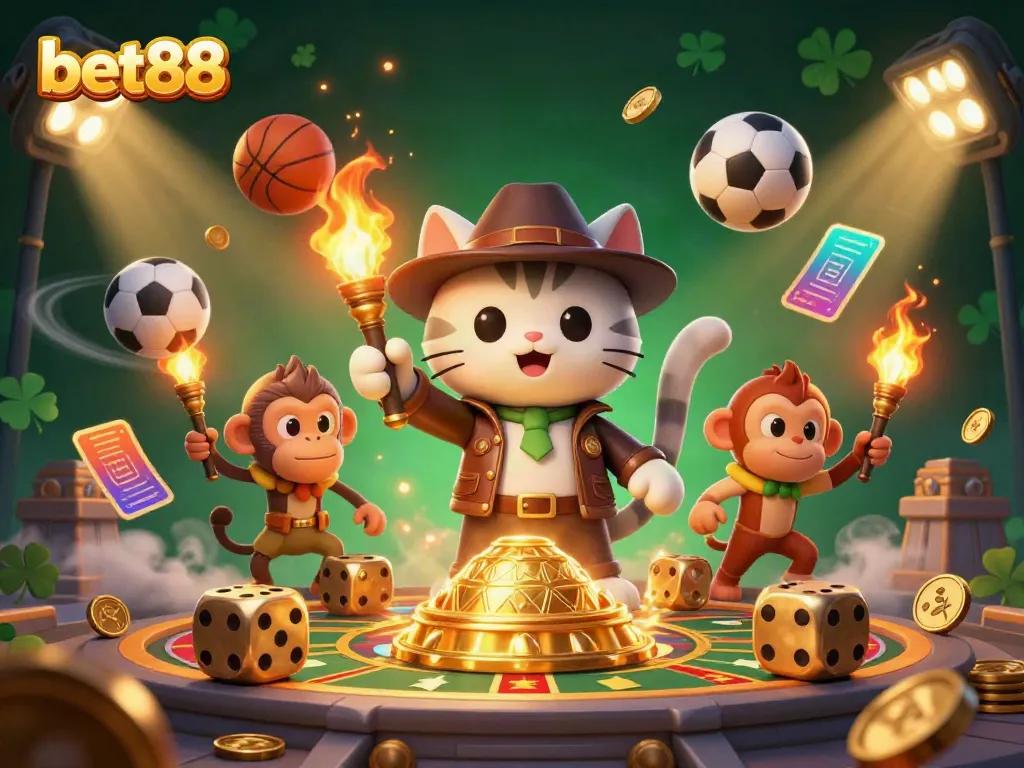 Experience the excitement of bet88 with a vibrant 3D illustration showcasing a cat explorer discovering casino treasures amidst sports-themed elements.