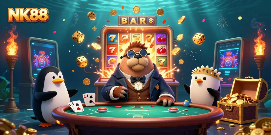Experience thrilling gameplay at NK88 with a jolly walrus and underwater poker action.