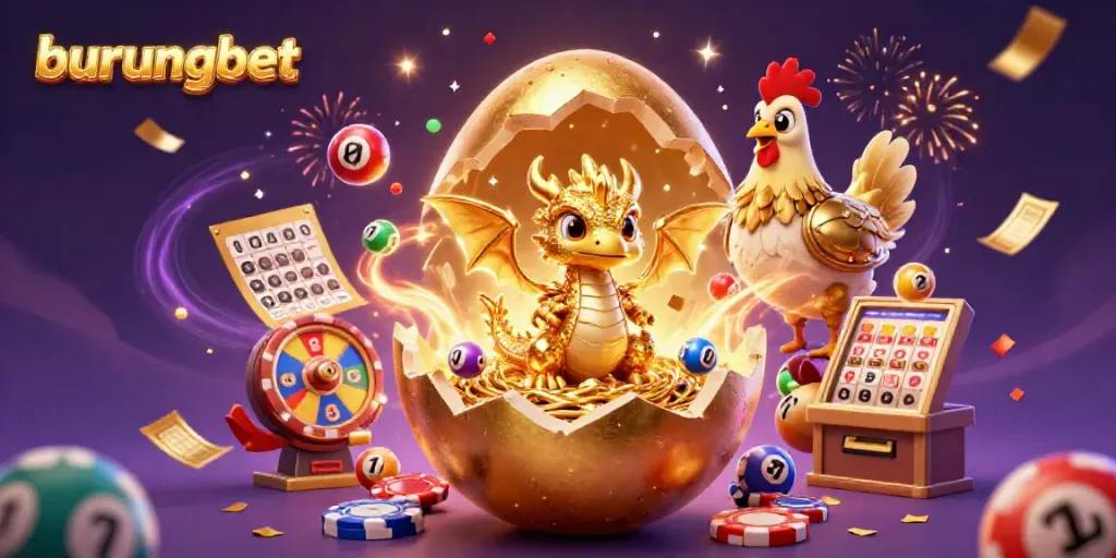 Engage with burungbet's thrilling gaming experience featuring a golden dragon and vibrant lottery elements.