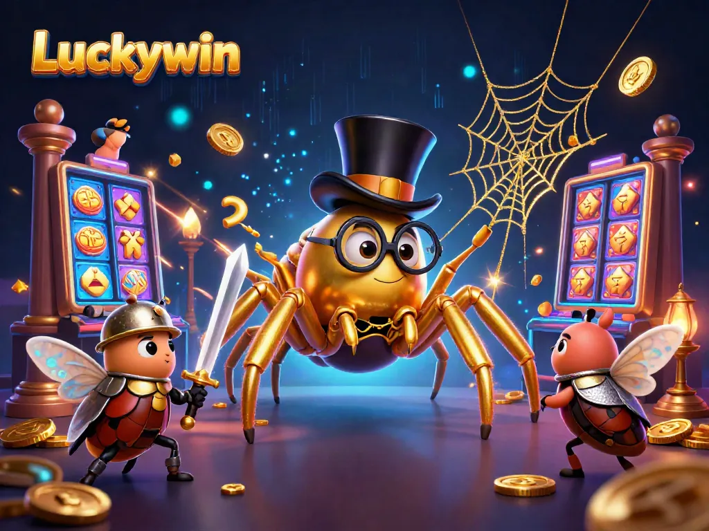 Luckywin showcases a thrilling 3D scene with a golden tarantula and beetle knight amidst vibrant casino elements.