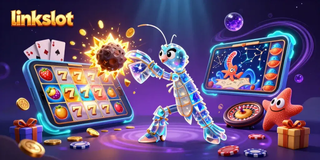 Engaging link slot scene featuring a galactic mantis shrimp with casino elements like poker chips and slot reels.
