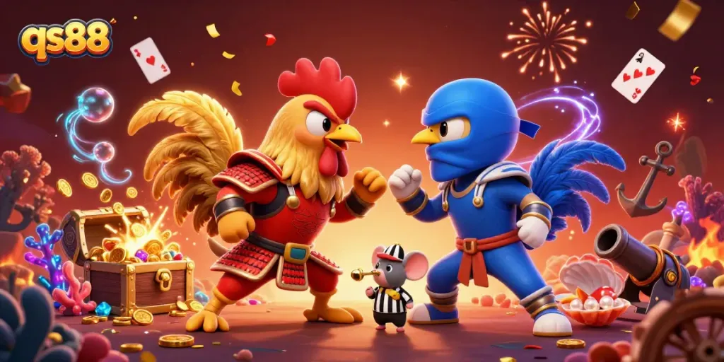 Engage with qs88 in a thrilling 3D rooster standoff, surrounded by casino elements and festive decorations.