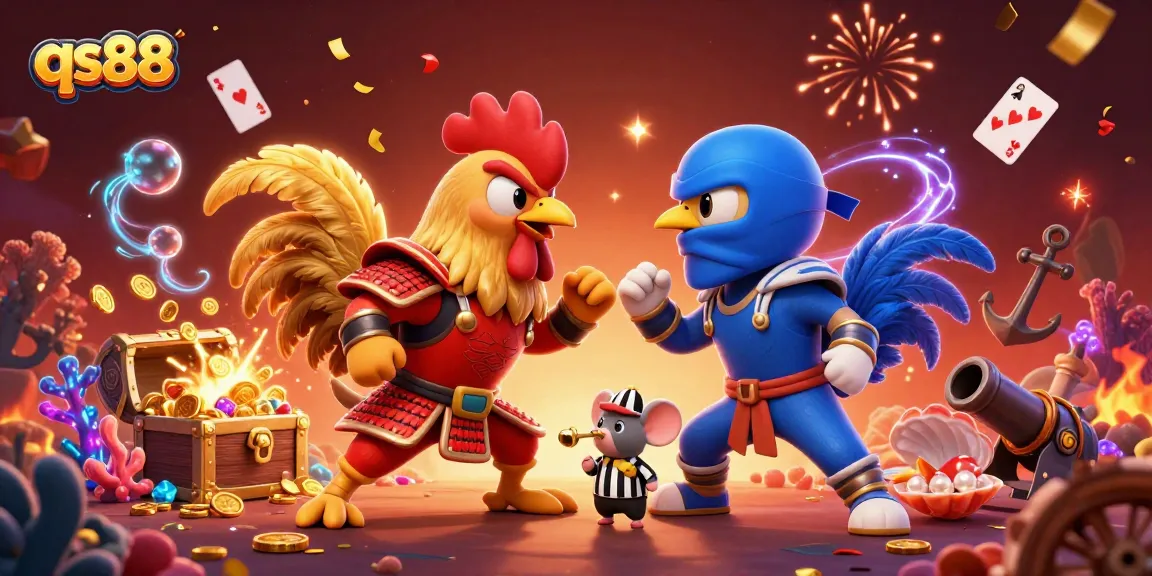 Engage with qs88 in a thrilling 3D rooster standoff, surrounded by casino elements and festive decorations.