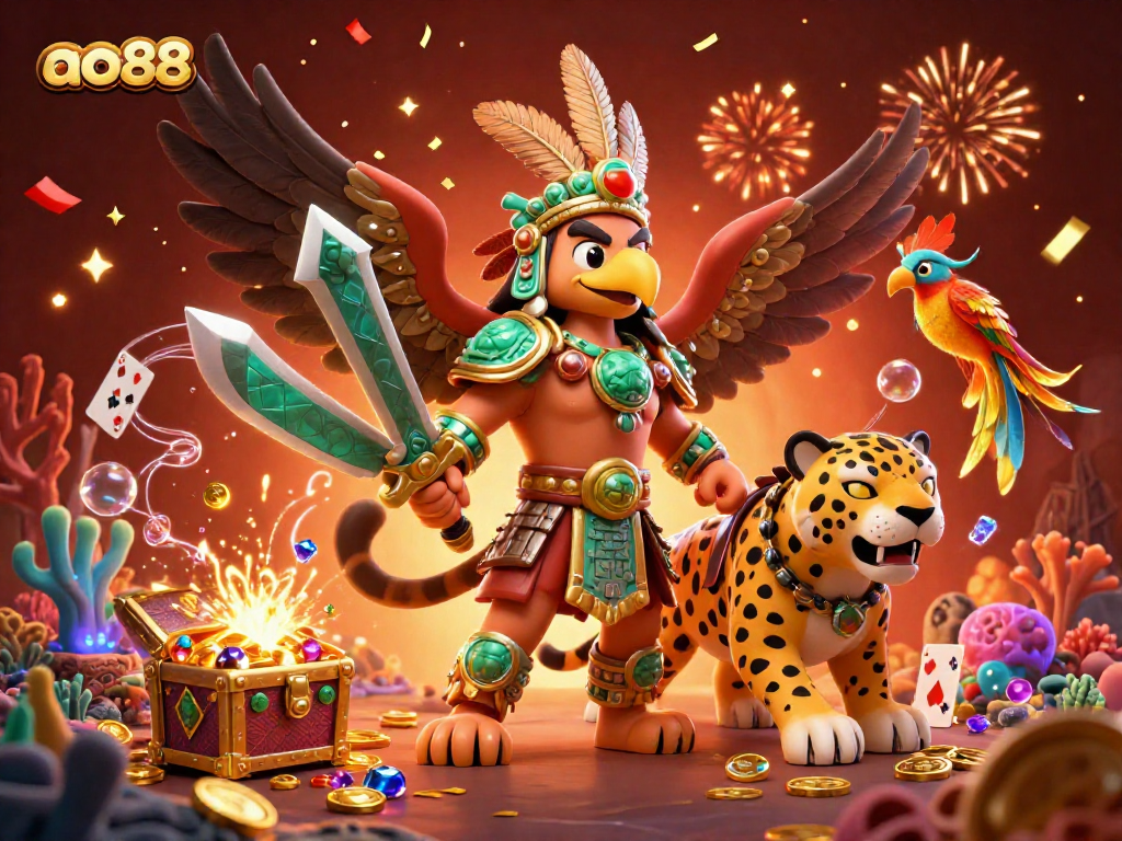 Engage with ao88's vibrant 3D scene as warriors and golden treasures create a thrilling casino atmosphere.