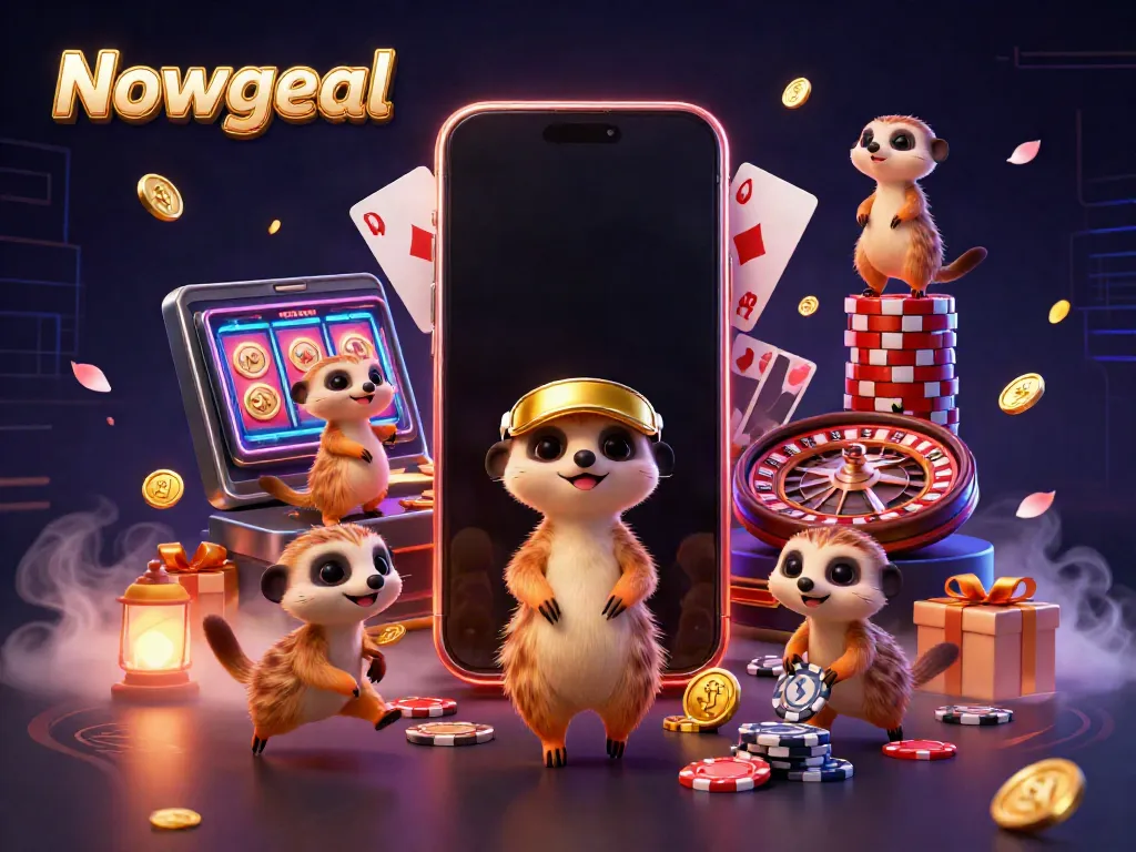 Nowgoal showcases a lively meerkat casino scene, featuring a pit boss and dynamic game elements.