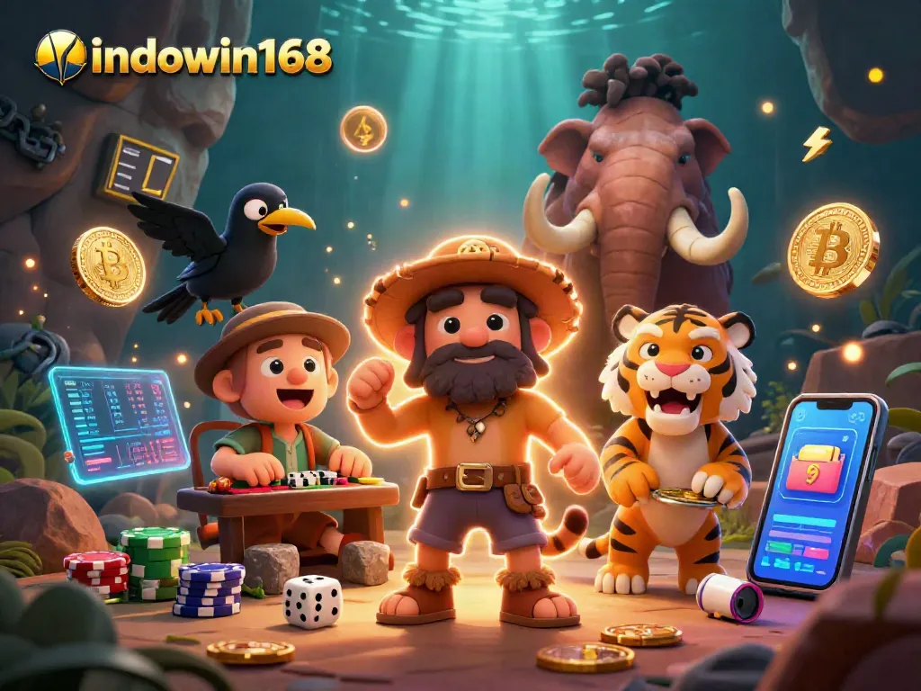 Bet on indowin168 with unique characters in a vibrant prehistoric casino scene filled with crypto elements.