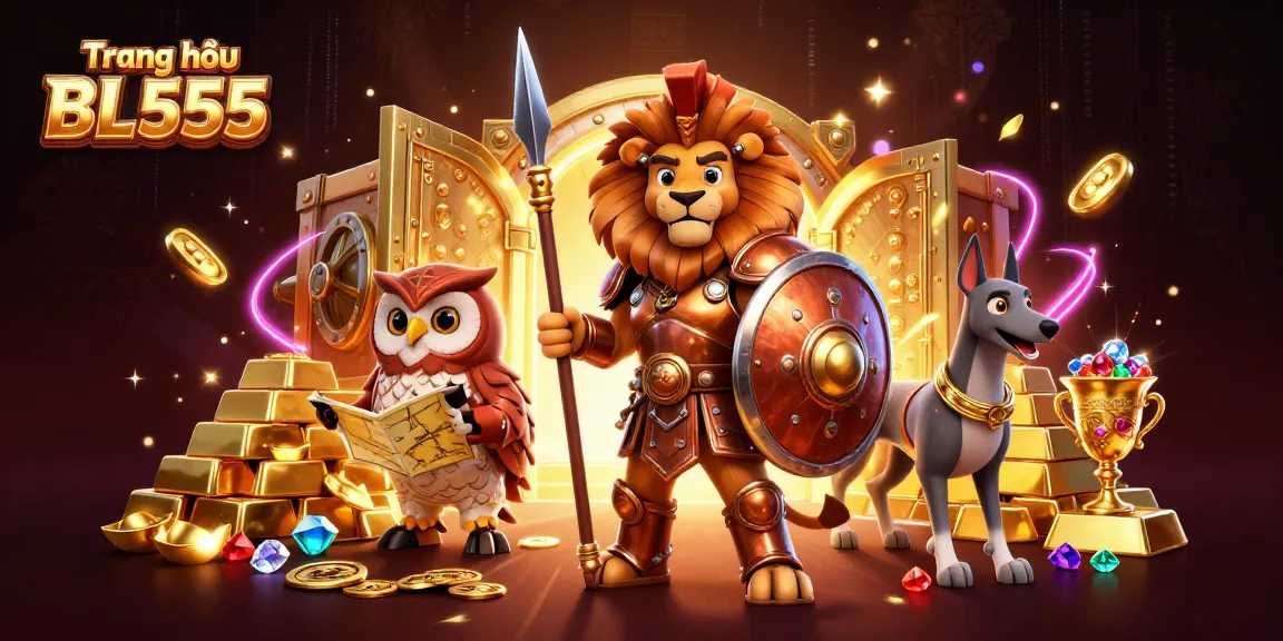 Experience excitement at Trang chủ BL555 with a vibrant casino illustration featuring heroic characters and treasure.