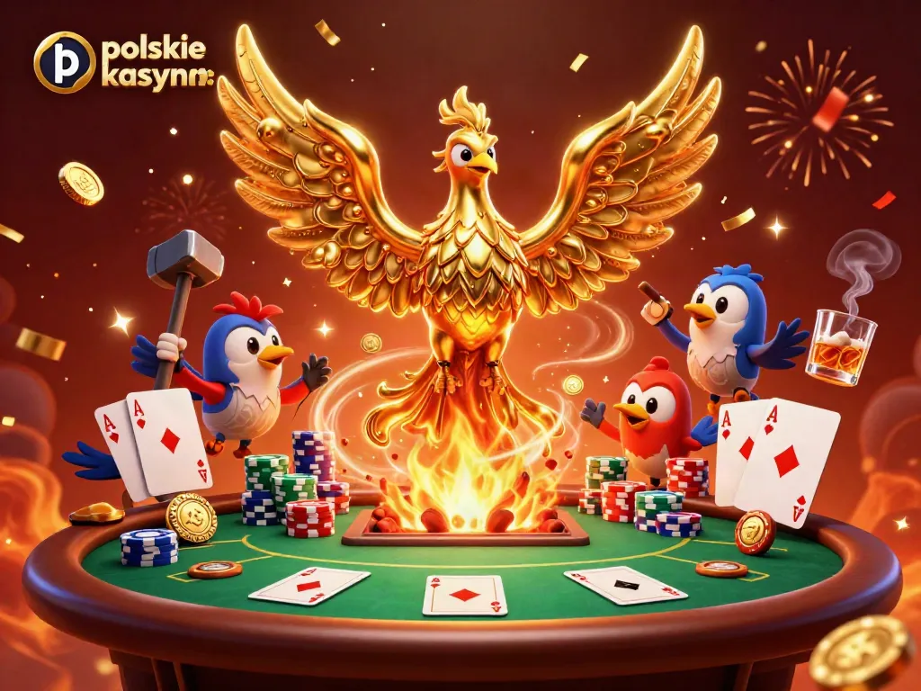 Experience the excitement of polskie kasyno bitcoin with golden phoenix, poker elements, and vibrant scene.