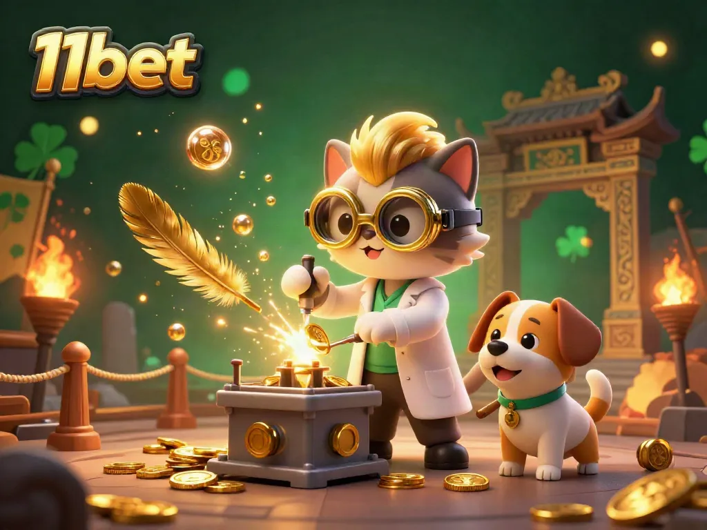 Engage in thrilling betting opportunities with 11bet featuring a whimsical mad scientist cat and dog in a vibrant casino lab.